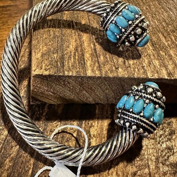 Handcrafted Boho Turquoise Bangle, Western Twisted Roped Open Bangle, Gift Box - Picture 1 of 7